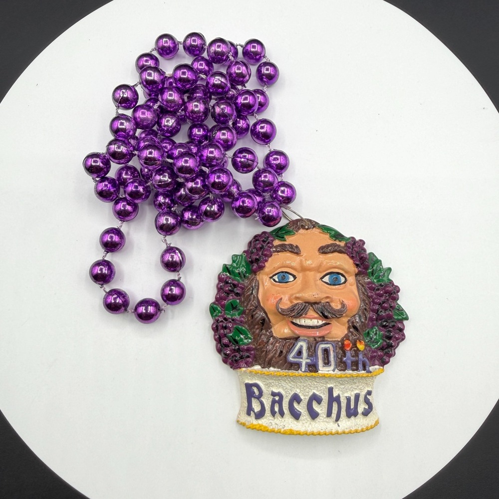 Bacchus 40th Mardi Gras Purple Bead Necklace Large Figural Pendant New Orleans